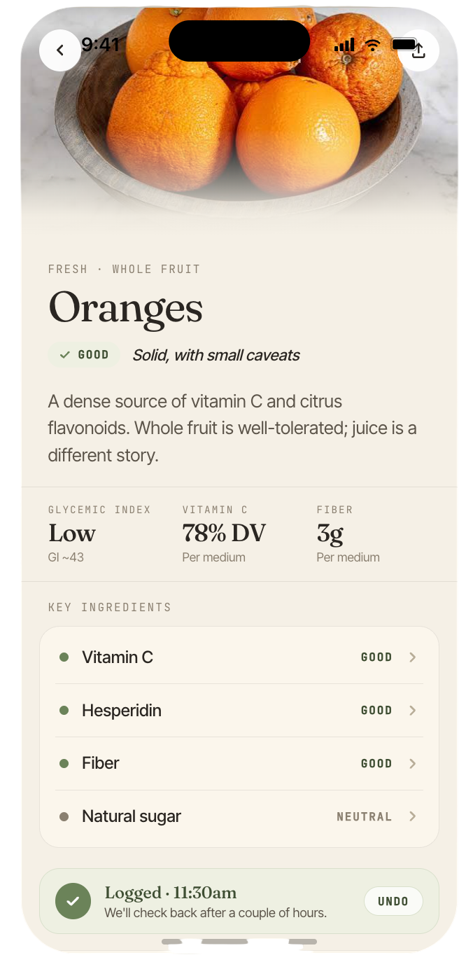 biteful single-food scan result